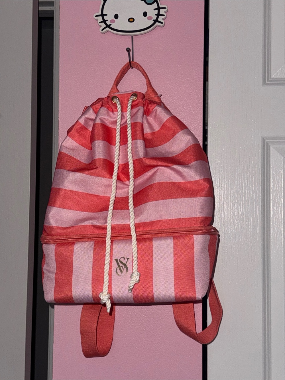Victoria's Secret Coral & Light Pink Striped Drawstring Backpack